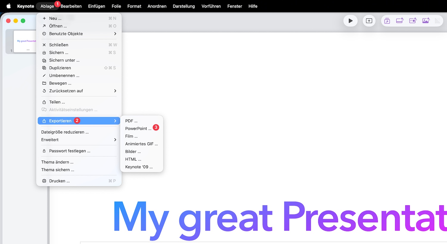 Screenshot: Die klassische Export-Funktion in Keynote
